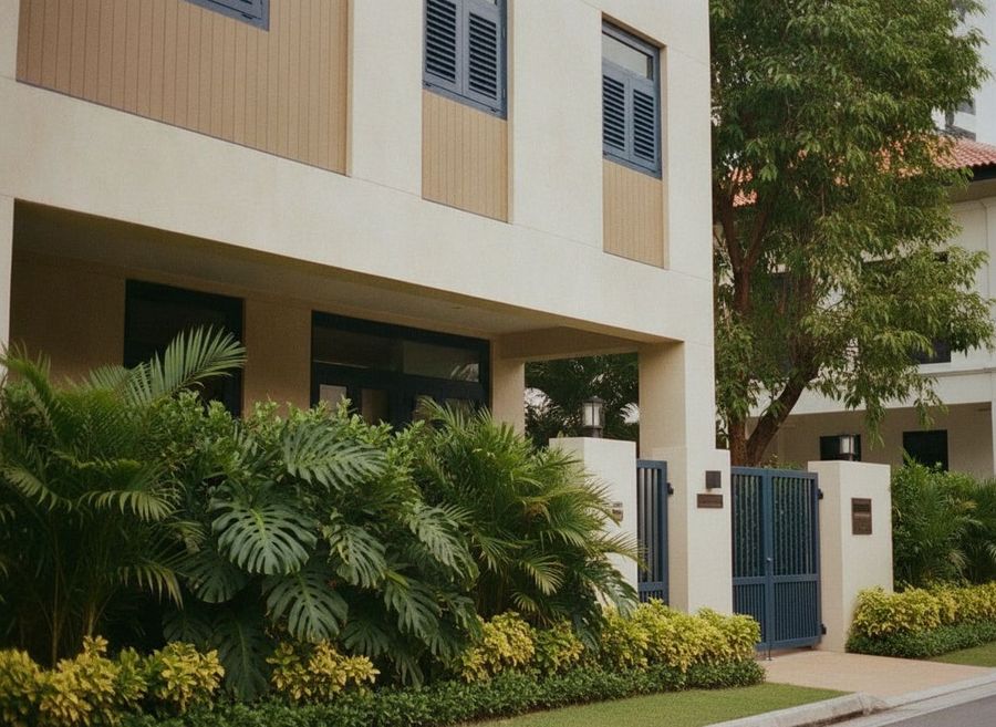 Contemporary Singapore landed home exterior in warm daylight