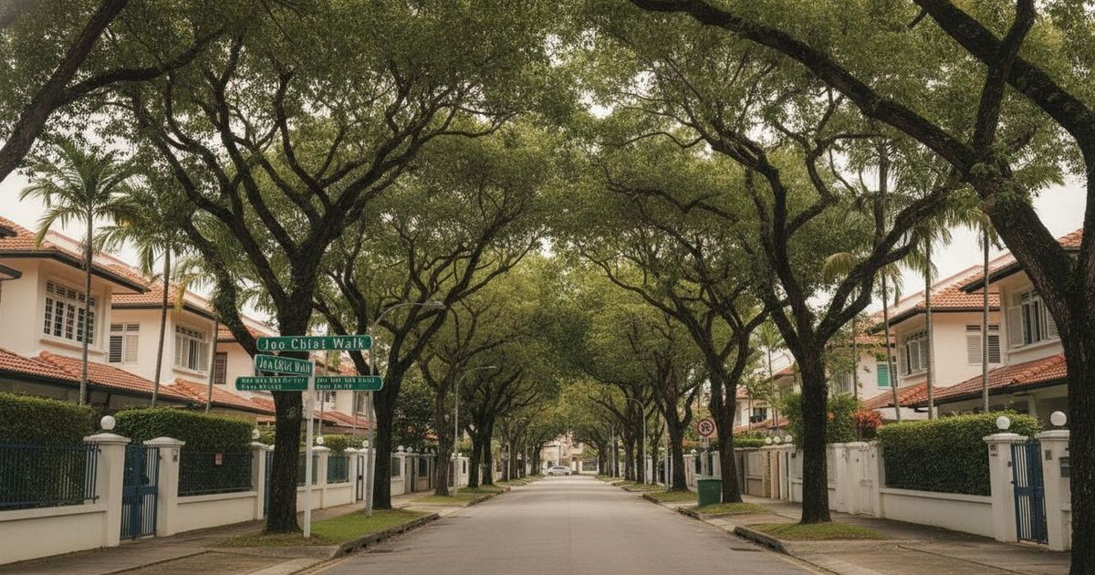 Quiet Singapore residential street with mature trees and landed homes