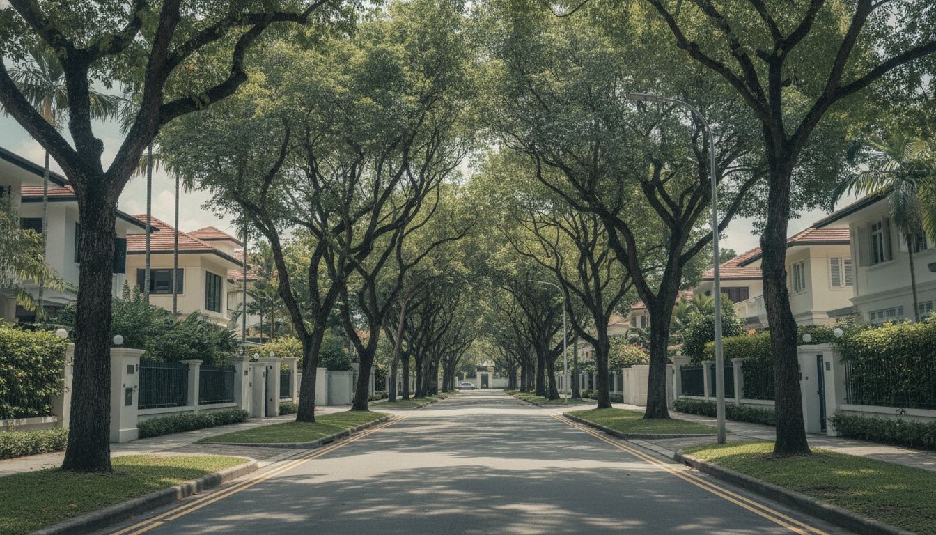 Tree-lined landed home street in a refined Singapore neighbourhood
